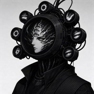 A black and white digital illustration depicts a figure with a mechanical head featuring multiple camera-like lenses surrounding a central face with flame-like markings, wearing a dark high-collared garment.