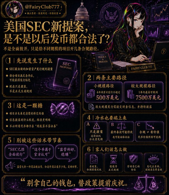 The infographic by @FairyClub777 titled "美国SEC新提案，是不是以后发币都合法了？" ("US SEC's new proposal, does this mean issuing tokens is legal now?") explains the SEC's crypto asset exemption proposal in 6 sections, detailing two main pathways ($500万 for small-scale, $7500万 for larger projects) and warning readers not to be misled by hype. The image visually supports the caption by clarifying that the proposal doesn't fully legalize all token issuance but offers conditional compliance routes for projects of different scales, ending with the advice "别拿自己的钱包，替政策提前庆祝" ("Don't celebrate the policy with your own wallet").