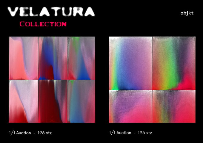 A digital art listing titled 'VELATURA COLLECTION' displays two abstract pieces featuring iridescent pink, blue, and green hues, both listed as 1/1 Auctions at 196 xtz.