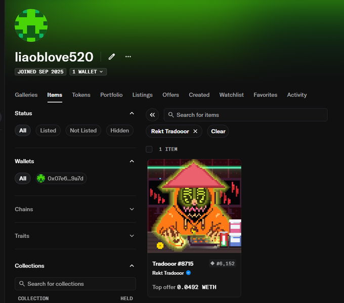 A screenshot of an NFT collection page for user 'liaoblove520' showing an Items tab filtered by 'Rekt Tradoor', displaying one pixel-art NFT titled 'Tradoor #8715' with a top offer of 0.0492 WETH.