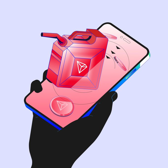 A stylized illustration shows a gloved hand holding a smartphone displaying a red TRON gas/fuel canister icon and a TRX token on its screen, visually representing the new energy rental integration between TRON and Trust Wallet. The artwork reinforces the post's message about simplifying access to TRON Energy for users interacting with dApps.