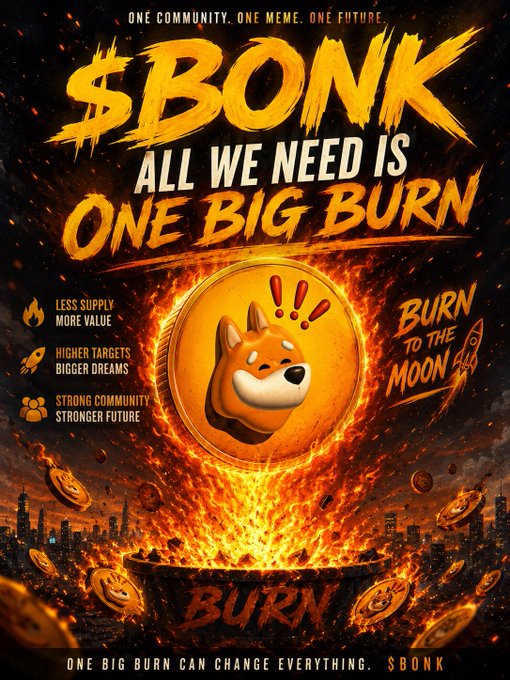 A promotional poster for the cryptocurrency $BONK featuring a Shiba Inu dog on a coin surrounded by flames, with slogans like "ONE COMMUNITY, ONE MEME, ONE FUTURE," "LESS SUPPLY MORE VALUE," "HIGHER TARGETS BIGGER DREAMS," and "BURN TO THE MOON."