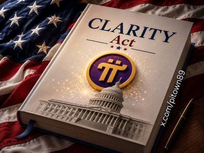 A book titled 'CLARITY Act' featuring a Pi cryptocurrency logo and an image of the U.S. Capitol, resting on an American flag with a watermark 'x.com/piptown89'.