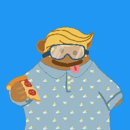 A cartoon illustration of a monkey wearing swimming goggles and a light blue shirt with small yellow patterns, holding a slice of pepperoni pizza against a blue background.