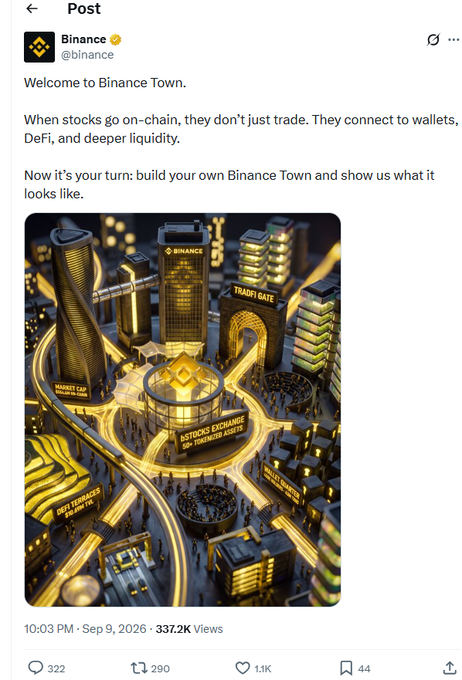 A Binance X post titled 'Welcome to Binance Town' with an illustration of a 3D city featuring a Binance Tower, Trade Gate, and Stocks Exchange, encouraging users to build their own Binance Town.