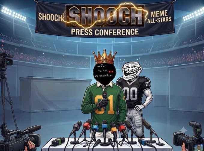 The image shows a humorous press conference scene under a banner reading "$HOOCH MEME ALL-STARS PRESS CONFERENCE," featuring a crowned black circle figure in a green #1 jersey standing at a podium filled with microphones, accompanied by the classic Trollface meme character in a #00 football jersey on a stadium field. This playful setup directly ties to the post, presenting $Hooch as the "meme all-star" underdog that the creator is positioning as an overlooked gem worth attention.