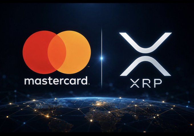 The image features two logos, one representing Mastercard and the other representing Ripple, both located in the top right corner of the frame. The Mastercard logo is a red circle with an orange border, while the Ripple logo is a white square with a blue border. Both logos are prominently displayed against a dark blue background.

The image also contains text that reads "MASTERCARD GOES CRYPTO Mastercard is pushing 24/7 settlement with stablecoins like $USDC, $PYUSD and Ripple’s $RLUSD". This message emphasizes the disruptive nature of cryptocurrency and how it challenges traditional financial systems.