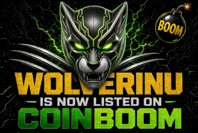 A dramatic graphic announcing 'WOLVERINU IS NOW LISTED ON COINBOOM', featuring a fierce black panther/wolverine mask with glowing green eyes and lightning, alongside a bomb illustration labeled 'BOOM'.