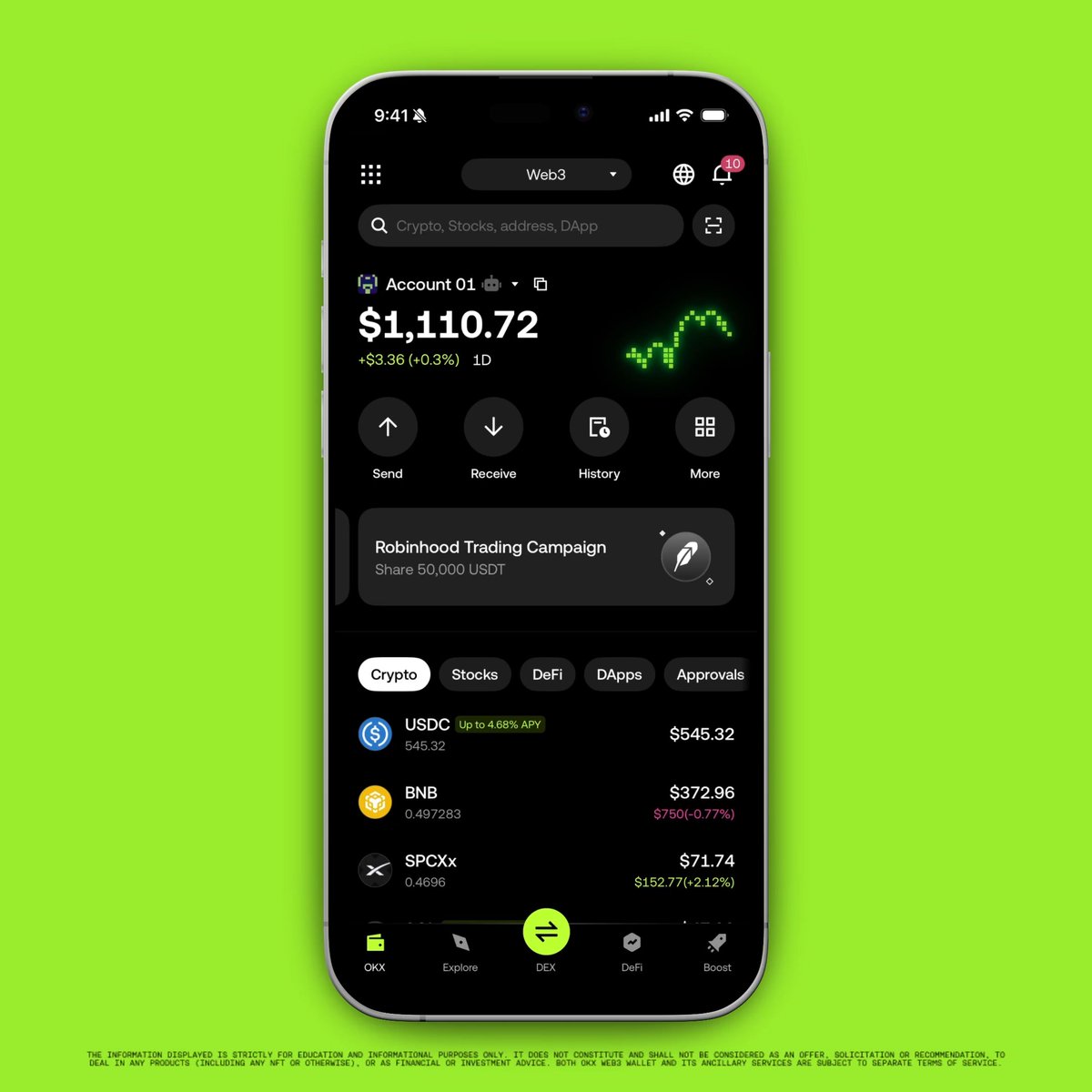 The image shows the OKX Wallet mobile app interface displaying a "Web3" account with a balance of $1,110.72, featuring navigation tabs for Crypto, Stocks, DeFi, DApps, and Approvals, along with a bottom menu including OKX, Explore, DEX, DeFi, and Boost options. The screenshot visually promotes the DEX > Multiply feature mentioned in the post, which allows users to take Long or Short positions on assets like BTC, ETH, or SOL with estimated debt, costs, and liquidation risk visible before confirming trades.