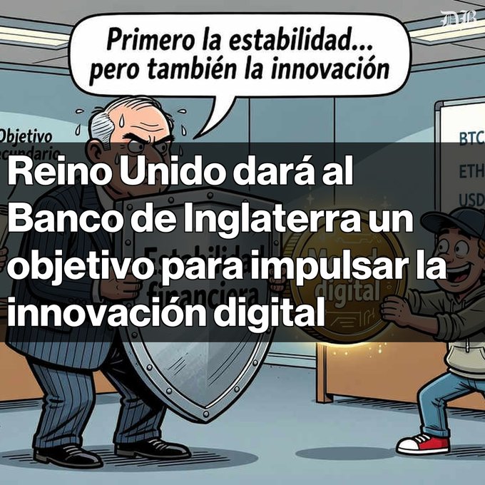 A cartoon illustration of a banker with a shield facing a young man holding a digital coin, with Spanish text: 'Primero la estabilidad... pero también la innovación' and headline 'Reino Unido dará al Banco de Inglaterra un objetivo para impulsar la innovación digital'.