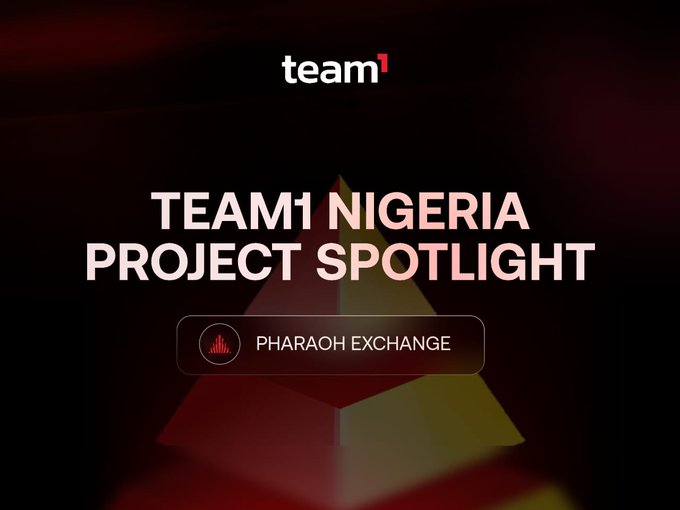 A dark promotional graphic titled 'TEAM1 NIGERIA PROJECT SPOTLIGHT' highlights 'PHARAOH EXCHANGE' with a pyramid-shaped background and a small audio waveform icon.