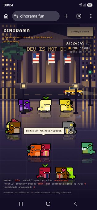 A screenshot from a mobile browser of a pixel-art NFT pre-market interface at "dinorama.fun" showing various dino characters and text including "DEV IS NOT DEVING", "PRE-MARKET opens in ~6h 6d", "keeper: idle", and "launchpads announced: 1".