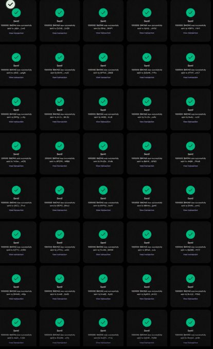 The image displays numerous transaction confirmation notifications, each showing "Sent! 0.000001 $MONA was successfully sent to [various addresses ending in .sol]" with green checkmarks, illustrating the distribution of the MONA token airdrop to 4,500 participants mentioned in the accompanying post. The grid of successful transactions visually represents the mass token distribution as part of the "We are launching soon" presale campaign for $MONA on Solana.