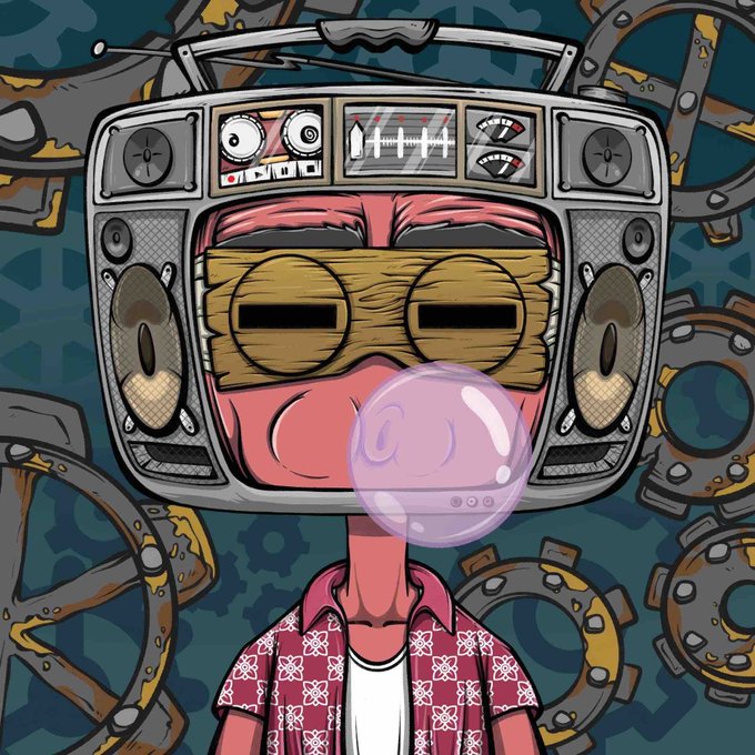 A stylized cartoon character with a wooden, slat-eyed face inside a silver boombox head blows a pink bubblegum bubble, wearing a pink patterned shirt against a backdrop of gears and machinery—matching the playful NFT avatar showcased in the "Factory Frens #5601" drop announcement.