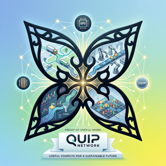 The image features a butterfly-shaped logo that represents the concept of Proof of Useful Computation (PoUW) as opposed to traditional Proof of Work (PoW). The PoUW approach focuses on using computers to solve problems, rather than relying on human miners who spend time and energy verifying transactions through mining pools. This method is more efficient and environmentally friendly, as it reduces the need for physical verification processes that consume electricity. In the image, there are various symbols associated with PoUW, such as a butterfly, a computer, and a network of computers, reinforcing the idea of using technology to solve problems.