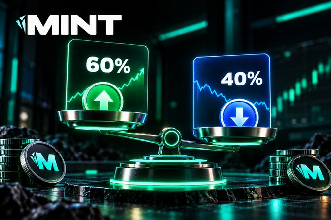 3D digital graphic featuring the MINT logo, showing a glowing green and blue balance scale with 60% (up arrow, green) versus 40% (down arrow, blue), surrounded by M-branded tokens and financial chart elements on a dark background.
