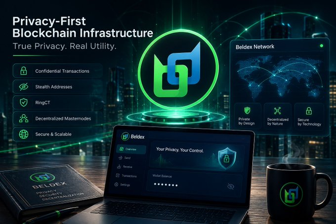 Promotional graphic for Beldex Network titled 'Privacy-First Blockchain Infrastructure' with tagline 'True Privacy. Real Utility.', highlighting features like Confidential Transactions, Stealth Addresses, and RingCT.
