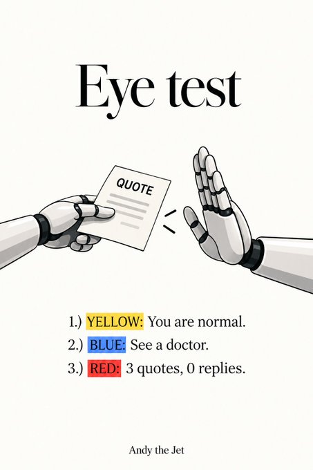 A humorous 'Eye test' meme by 'Andy the Jet' depicting robot hands rejecting a 'QUOTE' card, with a legend stating: 'YELLOW: You are normal. BLUE: See a doctor. RED: 3 quotes, 0 replies.'