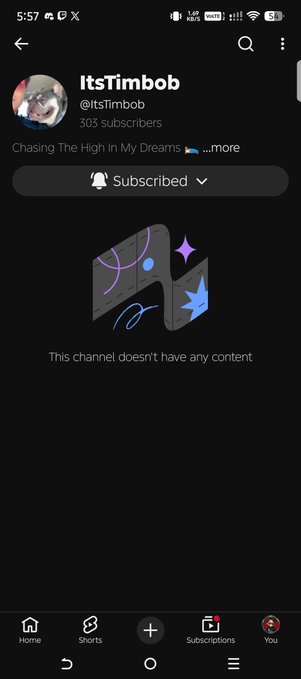 A YouTube channel page for 'ItsTimbob' (@ItsTimbob) with 303 subscribers, displaying the message 'This channel doesn't have any content' under the bio 'Chasing The High in My Dreams'.