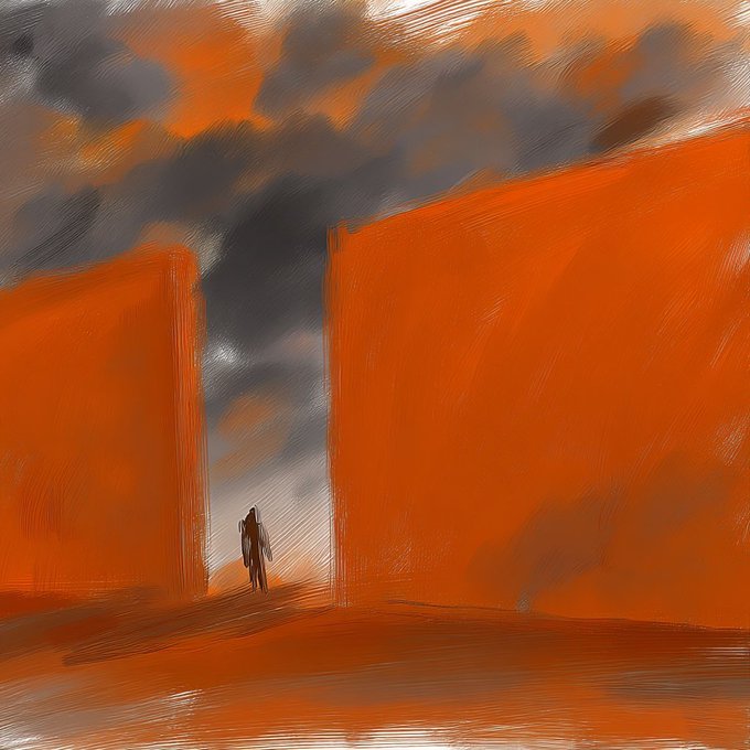 An abstract digital painting in orange and dark gray tones, showing a small cloaked figure standing between two massive orange walls beneath a stormy sky.