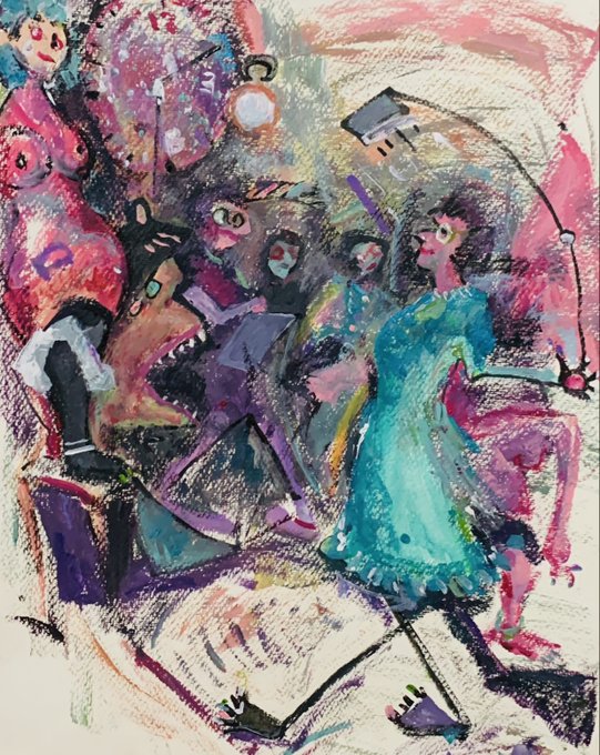 A vibrant, expressionistic mixed-media artwork featuring stylized figures in colorful attire, including a woman in a teal dress and dancing characters rendered in pinks, purples, and blues.