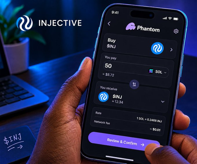 A smartphone displays a Phantom wallet app showing a token swap to buy $INJ with SOL, branded with the INJECTIVE logo.