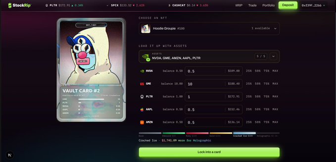 A StockRix interface showing a Hoodie Groupie NFT being loaded with a basket of stocks/assets including NVDA, GME, PLTR, AAPL, and AMZN to lock into a 'VAULT CARD #2'.