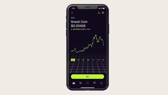 A smartphone screen showing a Robinhood-style trading app displaying 'Snack Coin' (SNACK) at $0.00426, with a price chart showing a 2.00% increase and a green 'Buy' button.