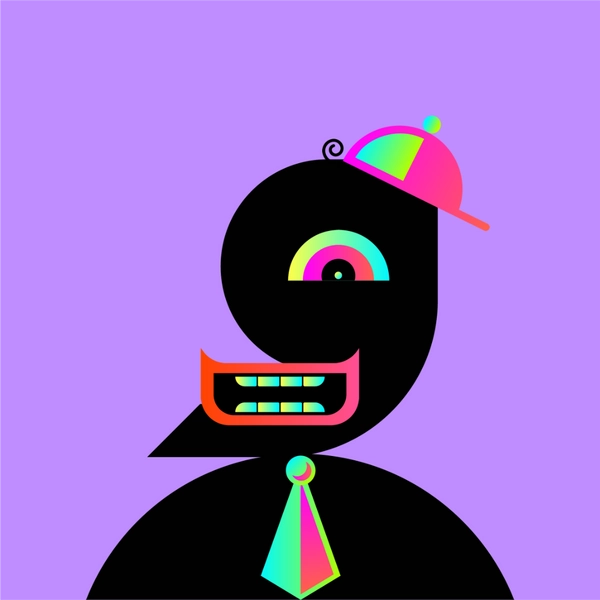 A stylized black character with a colorful rainbow eye, a neon-tinted mouth with teeth, a pink and green cap, and a tie, set against a purple background, serving as promotional artwork for an NFT collection's public mint announcement on OpenSea.