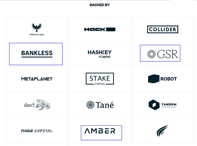 Sponsor logo grid labeled 'BACKED BY' displaying cryptocurrency and investment firms including Multicoin Capital, Bankless, HashKey Capital, GSR, dao5, and Amber.