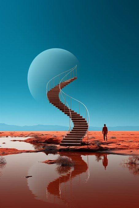 The image features a man standing at the top of a spiral staircase that leads up into space, with his back facing the viewer. The stairs are made of metal and appear to be floating in mid-air. In the background, there's a large blue planet or moon, which adds an otherworldly element to the scene. The image is titled "My place 3/5 eds - 2 tezos" and has a watermark that reads "Focus on what is in the image".