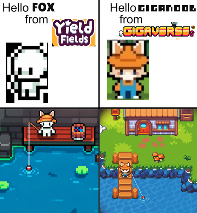 Pixel art comparison showing two fishing-themed games: 'Yield Fields' featuring Hello Fox on the left and 'GIGAVERSE' featuring a fox character on the right.