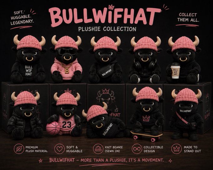 A promotional image for the "BULLWIFHAT PLUSHIE COLLECTION" displaying various black bull plush toys wearing pink beanies and different accessories, with the tagline "MORE THAN A PLUSHIE, IT'S A MOVEMENT."