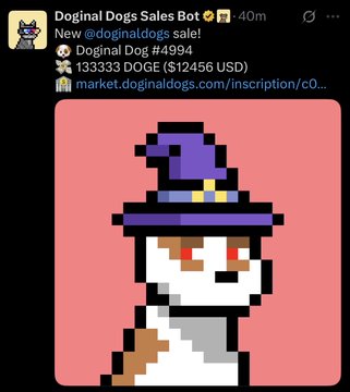 A screenshot of a tweet from 'Doginal Dogs Sales Bot' announcing a sale: 'Doginal Dog #4994' for '133333 DOGE ($12456 USD)' with a pink-background pixel art image of a dog wearing a purple witch hat.