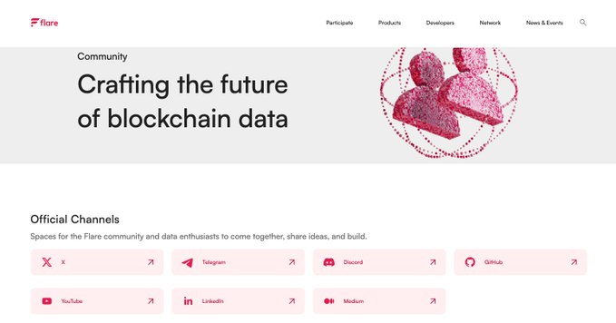 The image shows a screenshot of the flare website's homepage that includes text about community and data crafting, along with a list of various communication channels for sharing ideas and information among the members of this community. A prominent message at the bottom of the image reads "A reminder to stay safe against all malicious actors, and when in doubt always verify first".