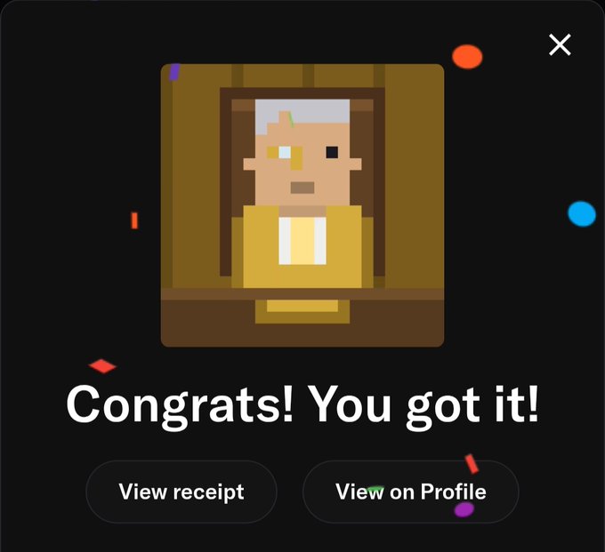 A digital congratulations screen displaying a pixel art portrait of a pale figure in a yellow frame, with text 'Congrats! You got it!' and buttons for 'View receipt' and 'View on Profile'.