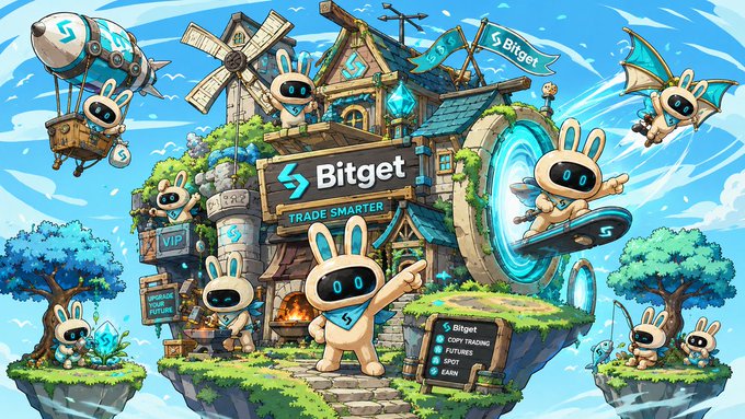 A colorful digital illustration for Bitget featuring multiple small robot-like rabbit characters on a floating island with a windmill, labeled "Bitget TRADE SMARTER."