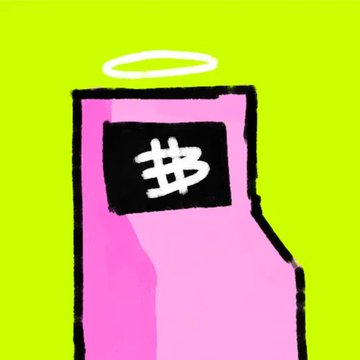 A simple digital illustration of a pink arcade machine or device with a black screen displaying a white skull character, topped with a white halo, set against a bright lime green background.