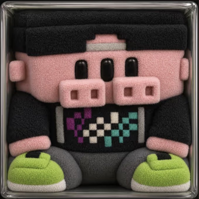 A square textured 3D-rendered illustration of a pig character wearing a black beanie, black sweater with a colorful pixelated design, and green sneakers, displayed against a dark background.