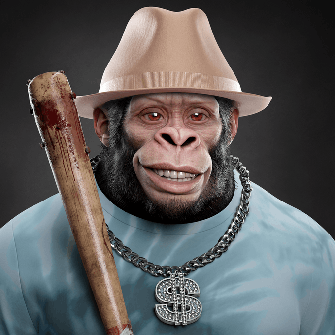 A 3D-rendered portrait of a chimpanzee wearing a beige fedora, light blue shirt, and a large diamond-studded dollar sign chain necklace, holding a blood-stained baseball bat.
