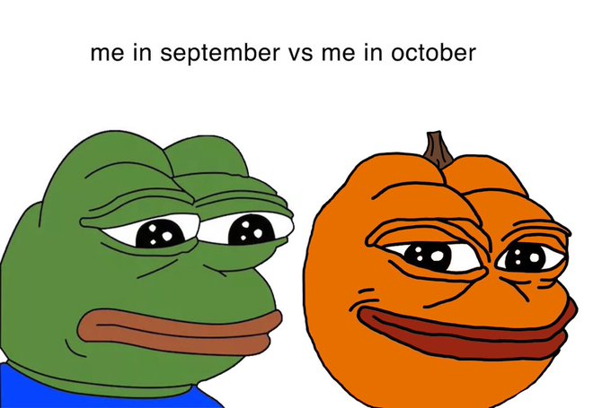 A 'me in september vs me in october' meme featuring a sad-looking green Pepe the Frog next to a smiling orange pumpkin-headed Pepe, humorously illustrating a difference in mood between the two months.