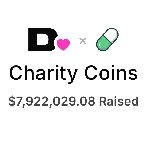 A graphic displaying the "Charity Coins" initiative featuring a "D" logo with a pink heart alongside a green capsule pill icon, showing that $7,922,029.08 has been raised. The image ties to the post about building on Pumpfun by showcasing a charitable project that has successfully raised nearly $8 million onchain through the platform.