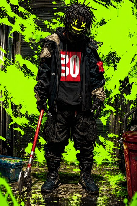 A stylized, dark urban illustration of a masked, dreadlocked figure in black streetwear holding a weapon against a neon green splatter background.