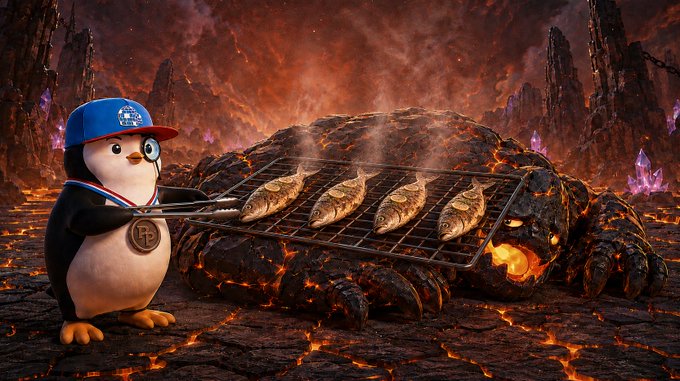 A 3D-rendered penguin in a blue cap with a grill grate full of fish, standing in front of a fiery, volcanic landscape with lava and crystals.