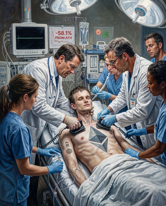 A painted illustration of an emergency room scene where doctors and nurses use defibrillator paddles on a shirtless patient, who has an Ethereum logo tattooed on his chest; a monitor reads '-58.1% FROM ATH'.