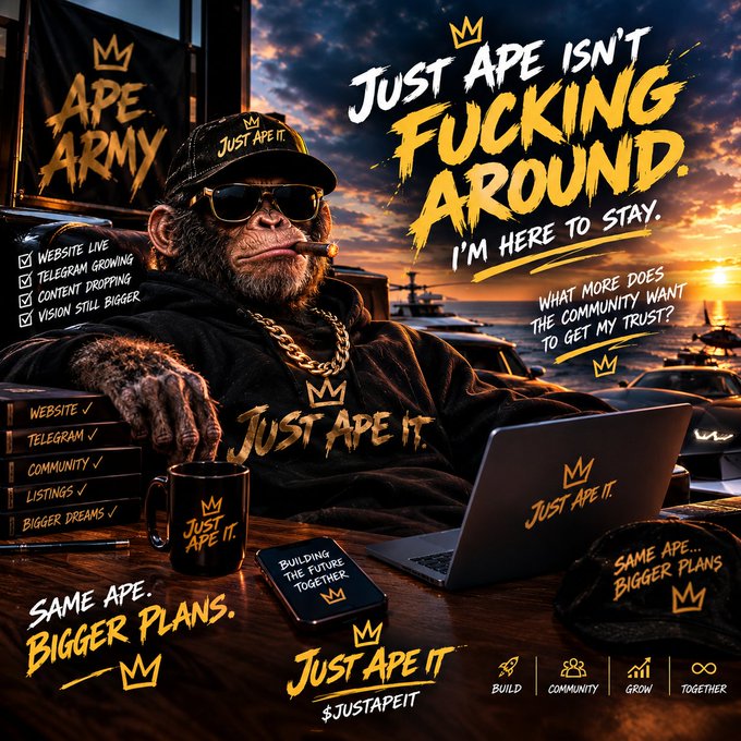 A promotional graphic featuring a cigar-smoking ape wearing sunglasses, a gold chain, and an "Ape Army" hat, surrounded by "Just Ape It" branding with text reading "Just Ape isn't FUCKING AROUND. I'm here to stay" and a list including "Website Live," "Telegram Growing," "Content Dropping," and "Vision Still Bigger."