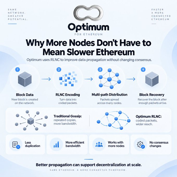 An infographic titled 'Optimum FOR ETHEREUM' explaining 'Why More Nodes Don't Have to Mean Slower Ethereum' through a 4-step diagram comparing Traditional Gossip to Optimum RLNC.