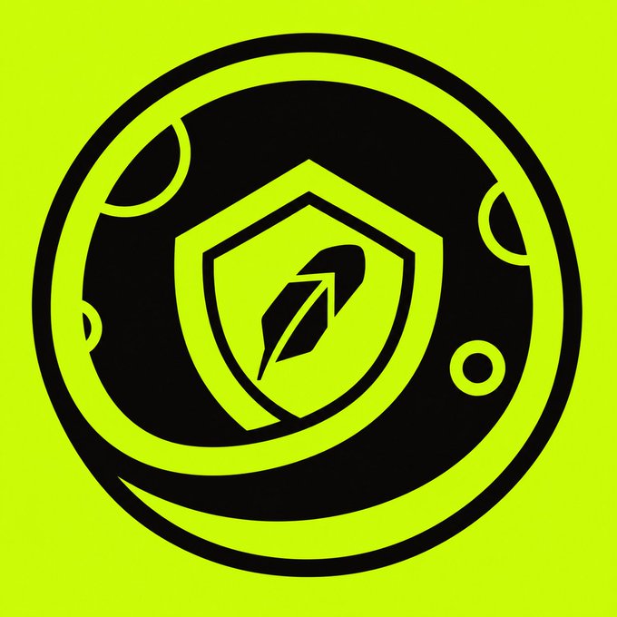 A high-contrast yellow and black circular logo featuring a central shield with a quill or feather pen inside.