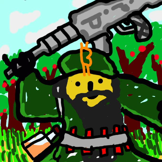 A cartoon drawing of a yellow-faced figure wearing a green military helmet with a Bitcoin symbol, holding a rocket launcher and a large gun in a forest setting.