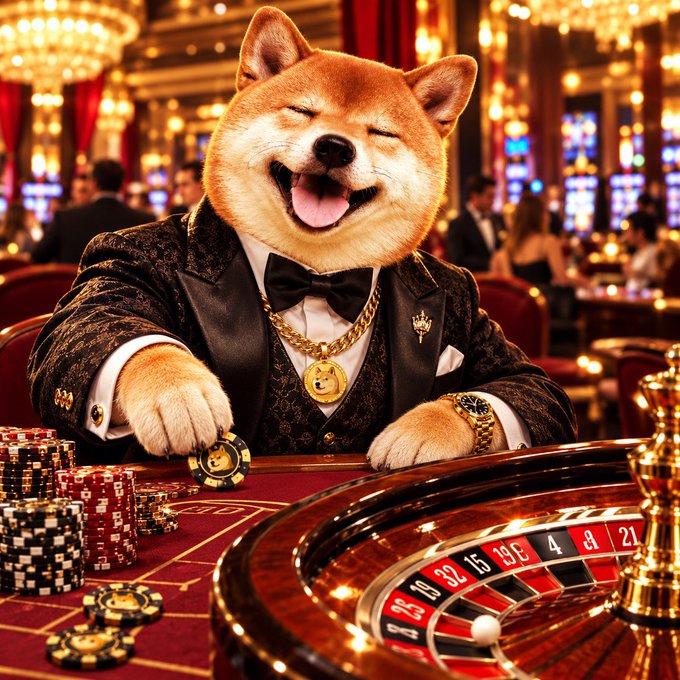 A Shiba Inu dog wearing a tuxedo, bow tie, gold chain, and luxury watch sits at a casino roulette table with stacks of poker chips.